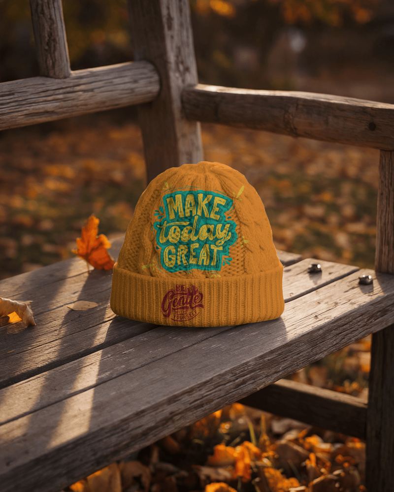 Warm Autumn Beanie Mockup With Vibrant Decorations And Uplifting Quote