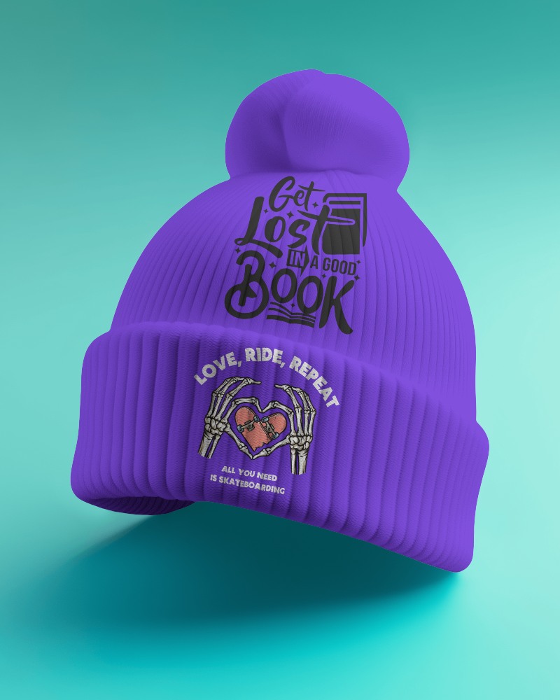 Vibrant Purple Beanie Mockup With Get Lost In A Good Book Design
