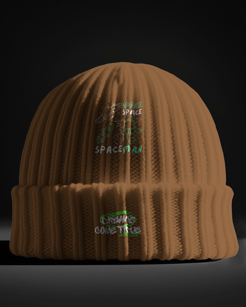 Ribbed Brown Beanie Mockup With Spaceman Graphic And Dreams Come True Text