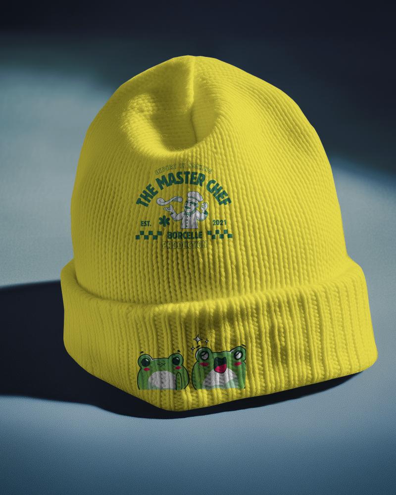 Modern Fashion Beanie Mockup Combining Professional Cooking And Playful Characters