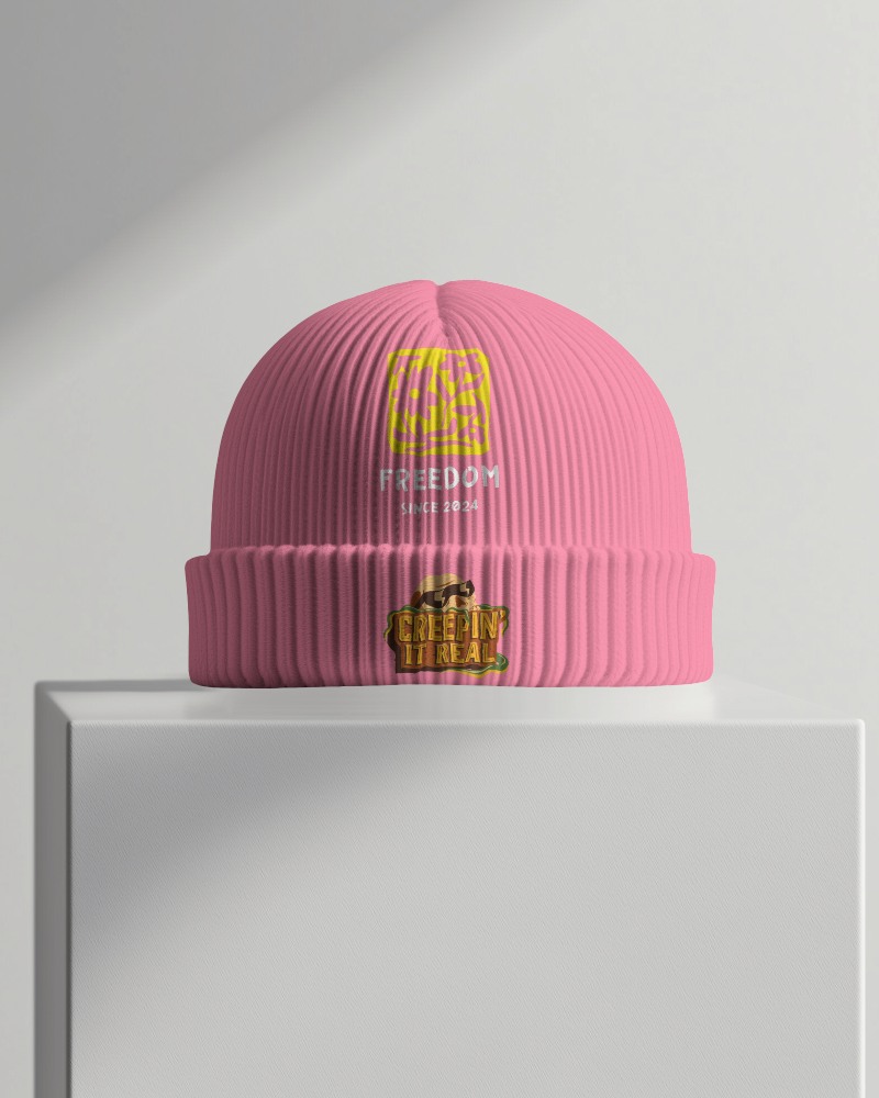 Contemporary Fashion Beanie Mockup With Dual Branded Graphic Elements