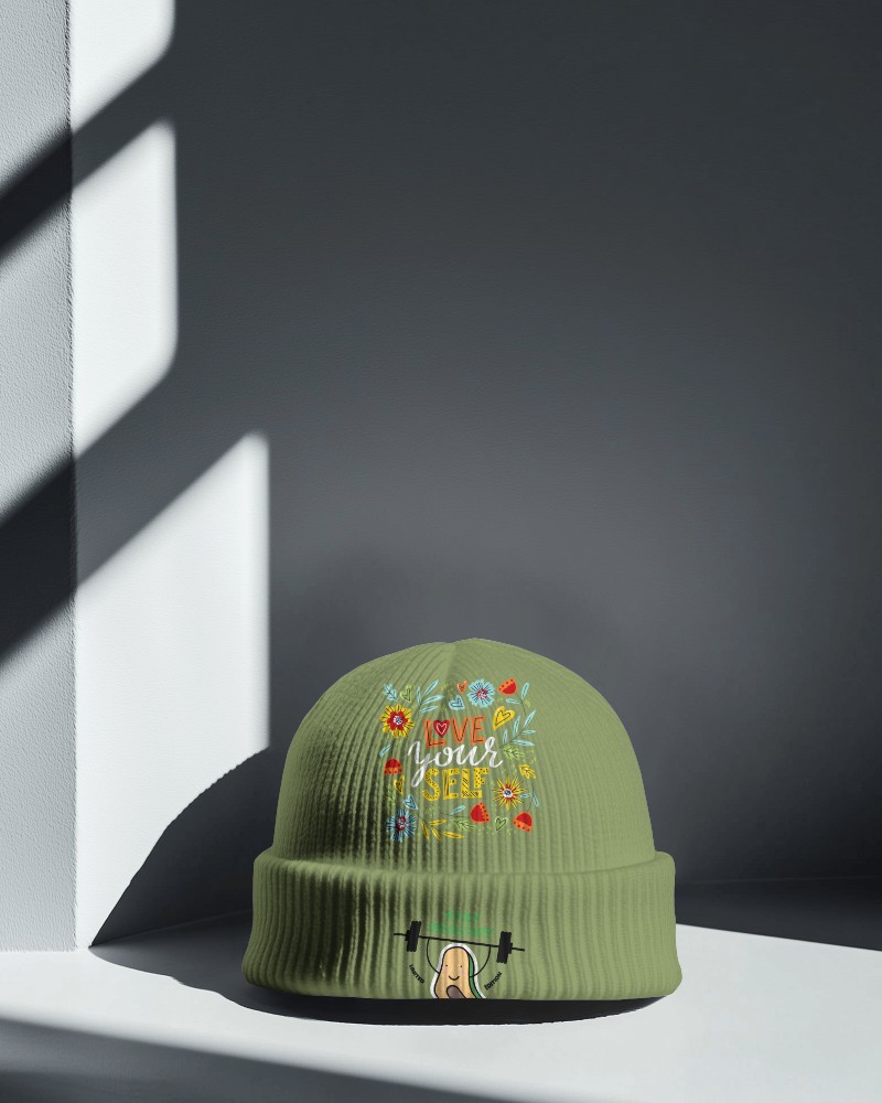 Olive Green Ribbed Beanie Mockup With Love Yourself Floral Design