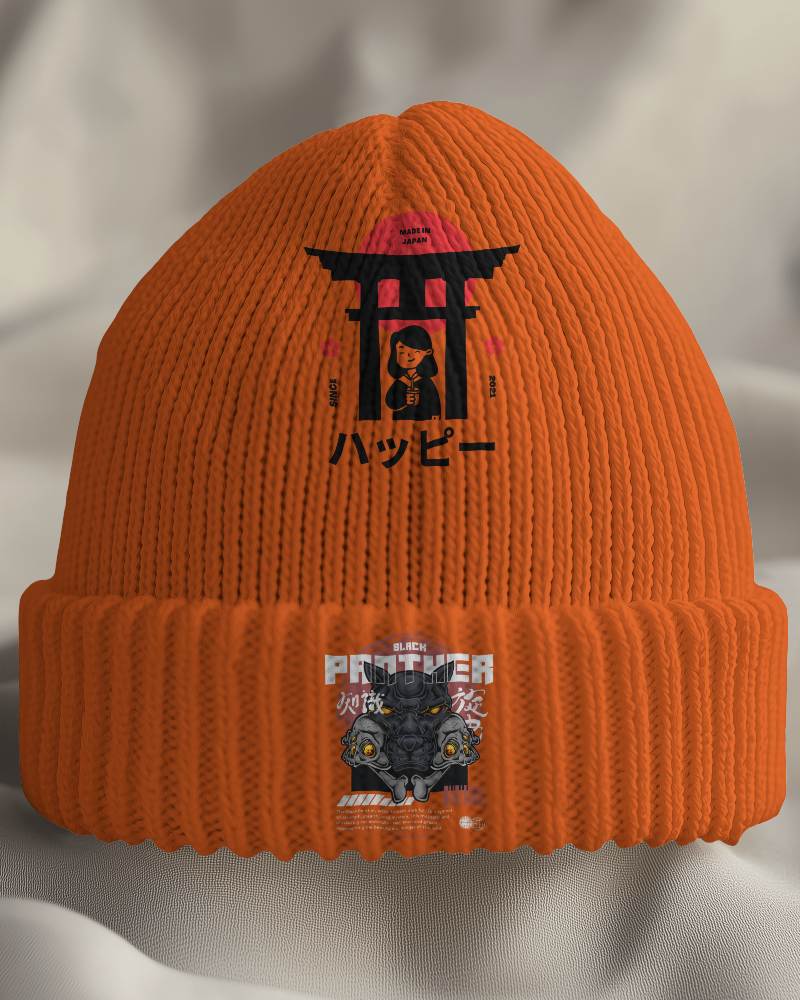 Textured Orange Knit Beanie Mockup Soft Draped Fabric Background Embroidered Japanese Gate And Panther Design Bold And Cultural Theme