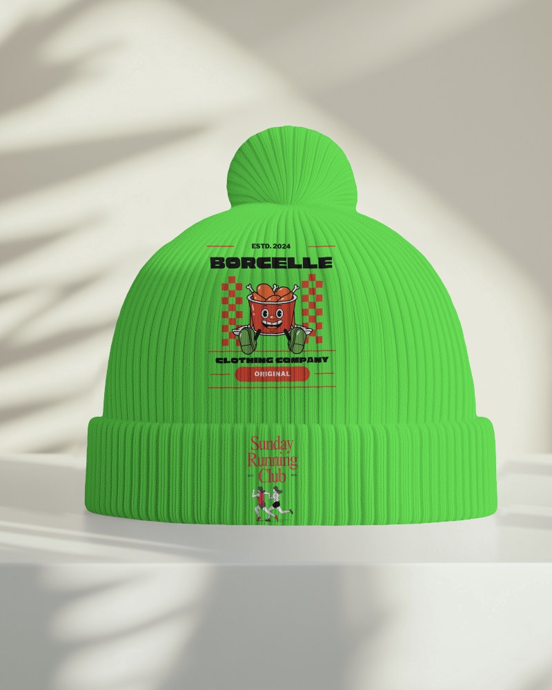 Sunlit Green Pom Pom Beanie Mockup Soft Shadow Play On White Surface Vibrant And Playful Design Casual And Energetic Aesthetic