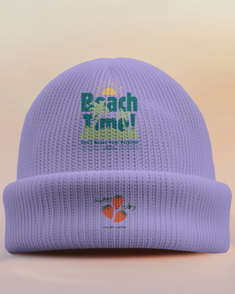 Sunset Hued Lavender Beanie Mockup Soft Gradient Background Tropical And Fruity Designs Casual And Relaxed Vacation Aesthetic