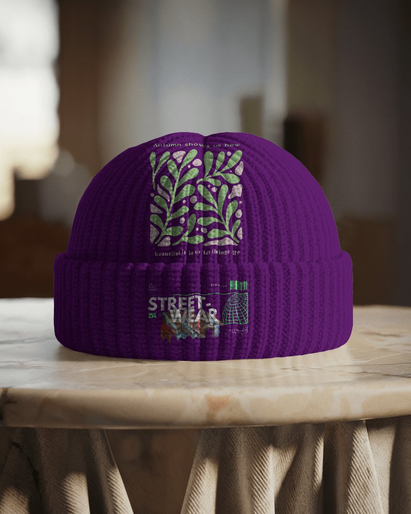 Stylish Streetwear Beanie Mockup Bold Purple Hat With Eco Friendly Theme And Digital Elements