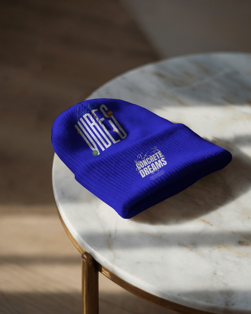 Trendy Casual Beanie Mockup Deep Blue Knit Hat With Graphic Text And Subtle Floral Details