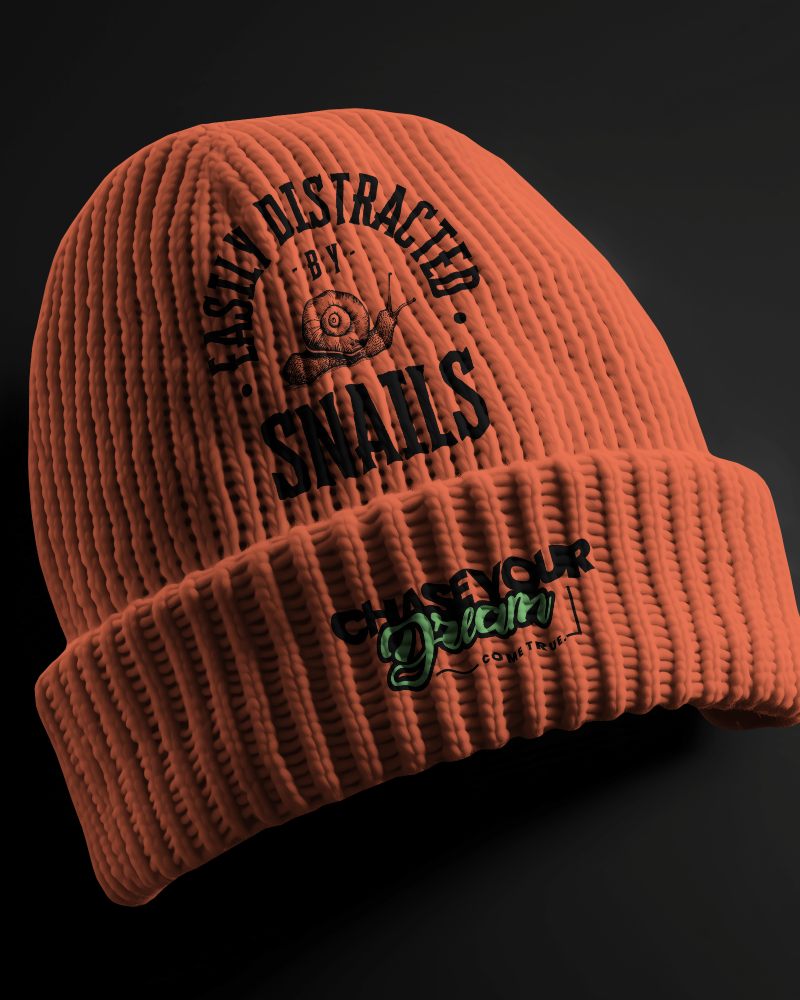 Earthy Tone Beanie Mockup Minimalist Design Snail Graphic Playful Text