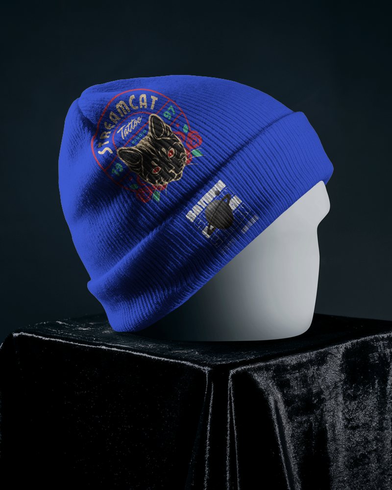 Vibrant Blue Beanie Mockup Tattoo Design