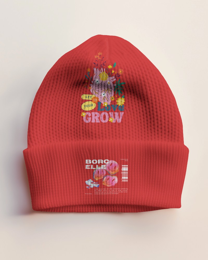 Red Heart Floral Beanie Mockup Design