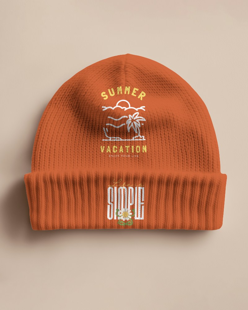 Rustic Autumn Beanie Mockup Warm Tones On Natural Wooden Background