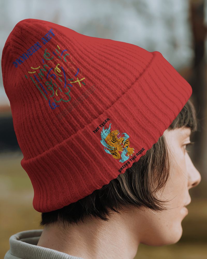 Outdoor Close Up Beanie Mockup Red Knit Hat With Bold Graphic Designs Side Profile Of Person In Natural Light