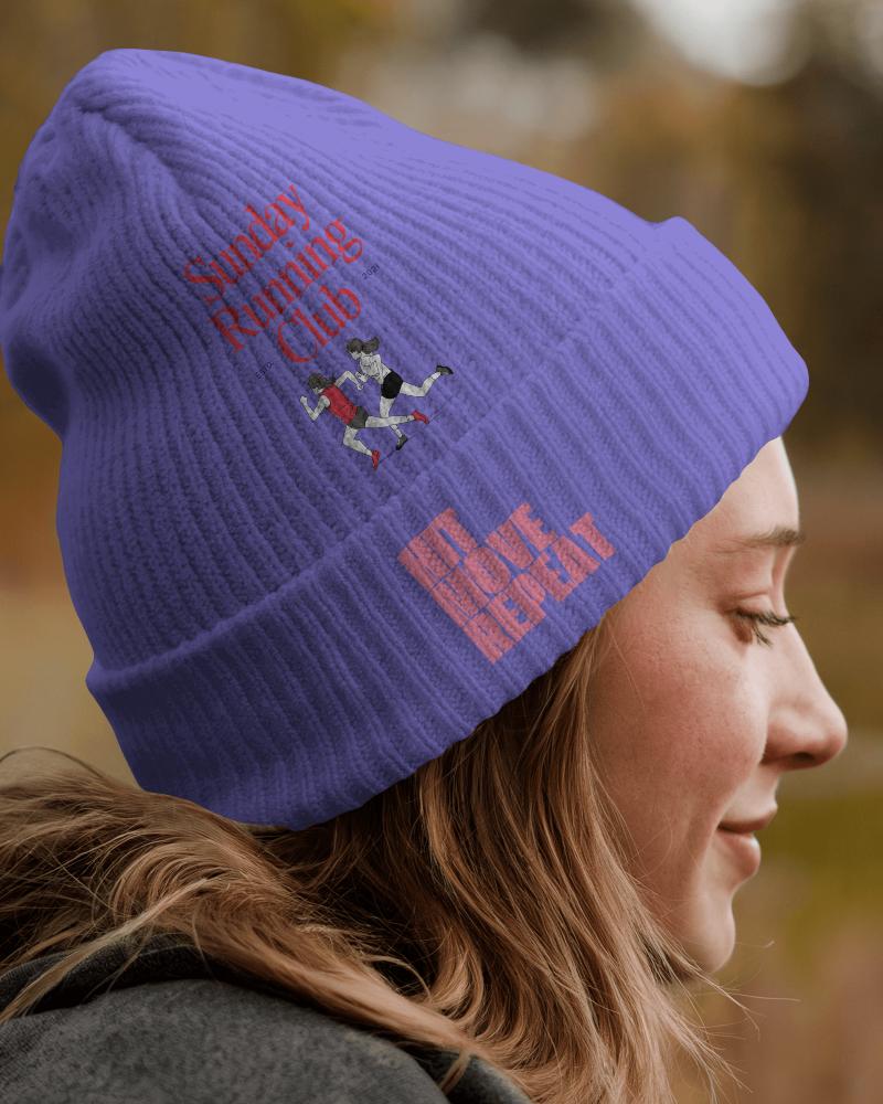 Autumn Outdoor Beanie Mockup Purple Knit Hat With Running Club Design Smiling Female Model In Natural Light