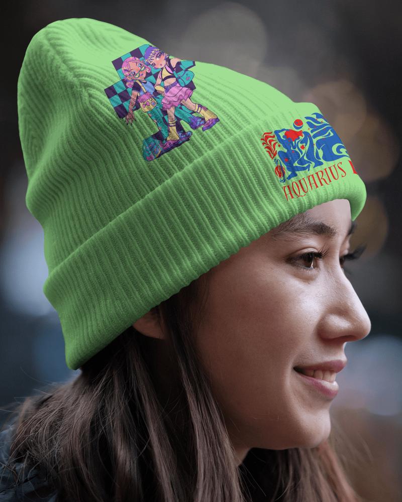 Streetwear Aesthetic Beanie Mockup Neon Green Knit Hat With Bold Graphic Designs Smiling Female Model In Urban Setting