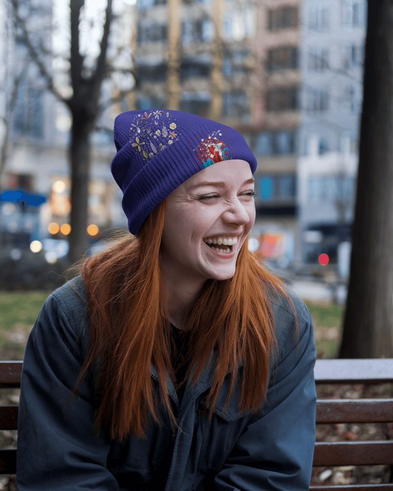 Cozy Autumn Beanie Mockup Red Knit Hat With Vintage Tiger Design Side Profile Female Model In Soft Light