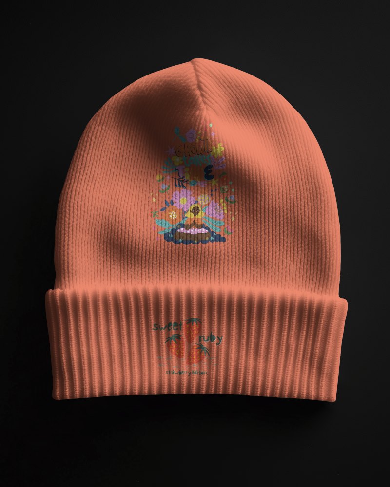 Fashionable Winter Beanie Mockup With Japanese Inspired Character And Symbolic Elements