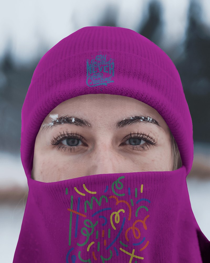 Urban Streetwear Beanie Mockup Bright Fuchsia Knit Hat With Playful Typography And Matching Face Cover In Winter Scene