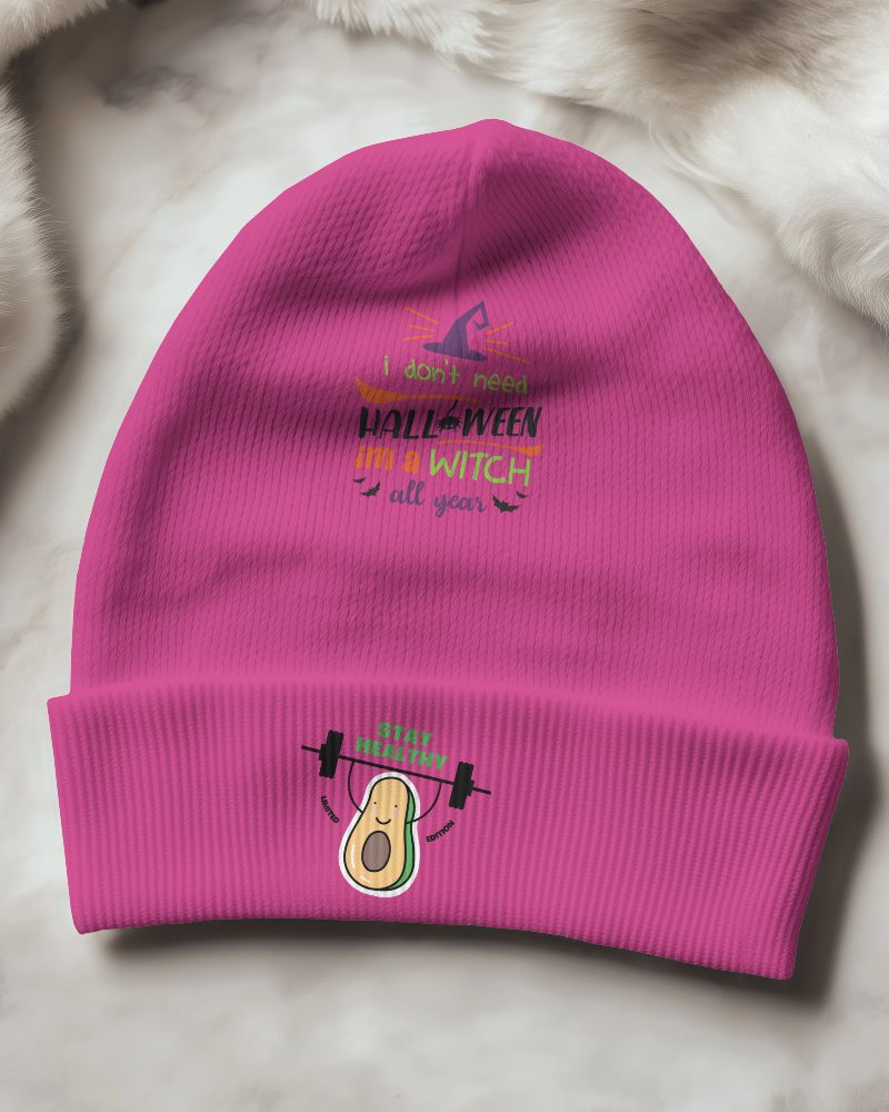 Plush Marble Pink Beanie Mockup Soft Fur Textured Background Halloween Witch Theme With Fitness Avocado Playful And Quirky Design