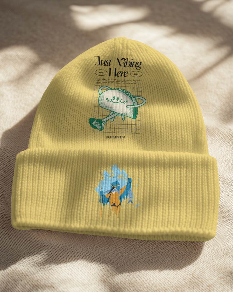 Sunlit Interior Beanie Mockup Yellow Knit Hat With Minimal Graphic Designs Soft Shadows And Cozy Ambience