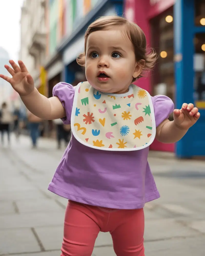 Baby Bib Mockup On Standing Toddler Garment Accessory Design Presentation Template