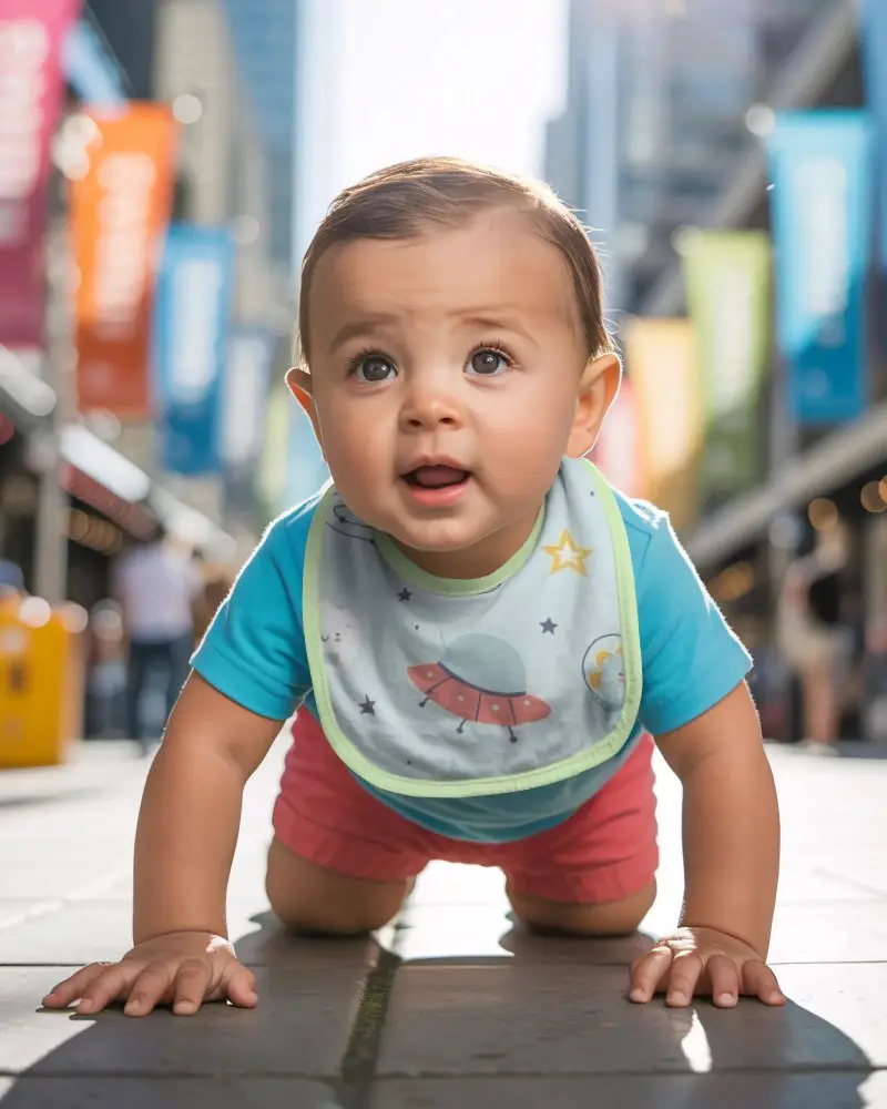 Realistic Baby Bib Mockup With Crawling Infant Outdoor Urban Background Photography