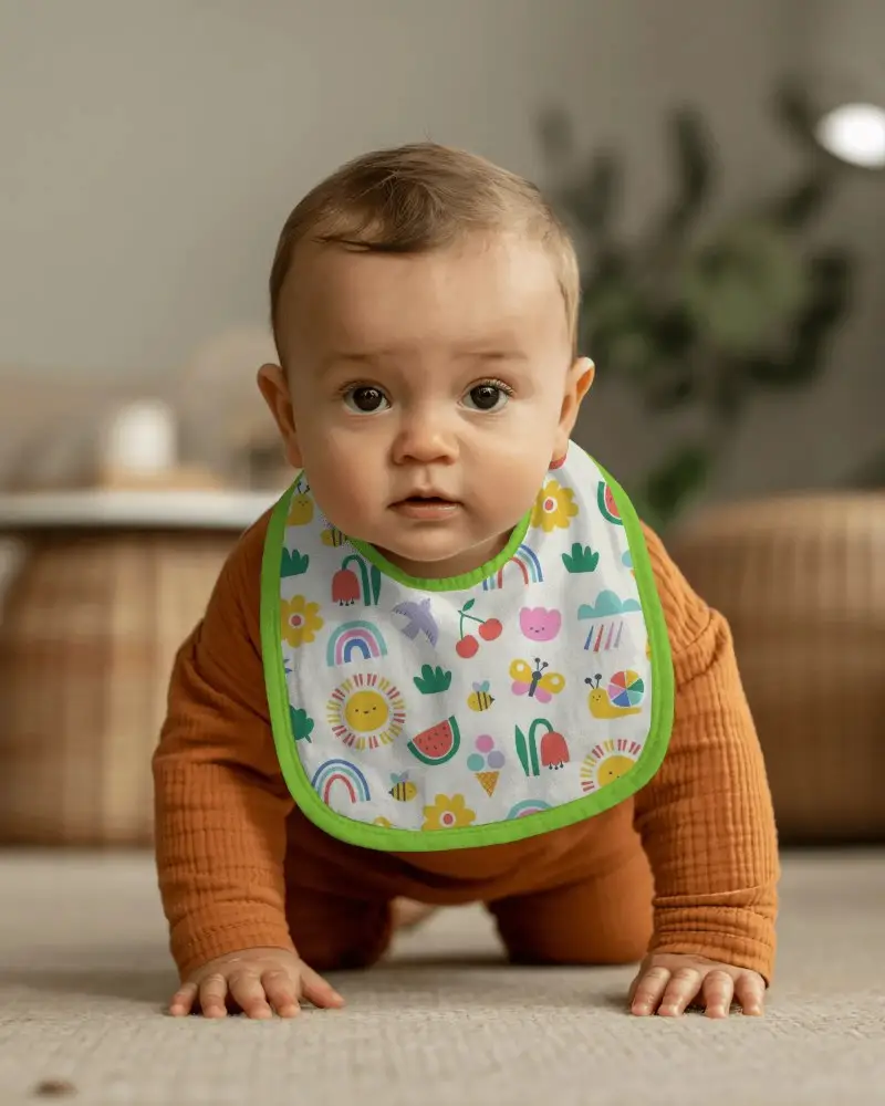 Baby Bib Mockup For Custom Designs Realistic Baby Crawling Inside Modern Interior Setting