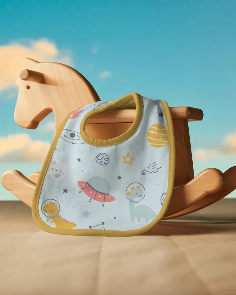 Baby Bib Mockup On Wooden Rocking Horse With Cotton Absorbent Fabric For Baby Care
