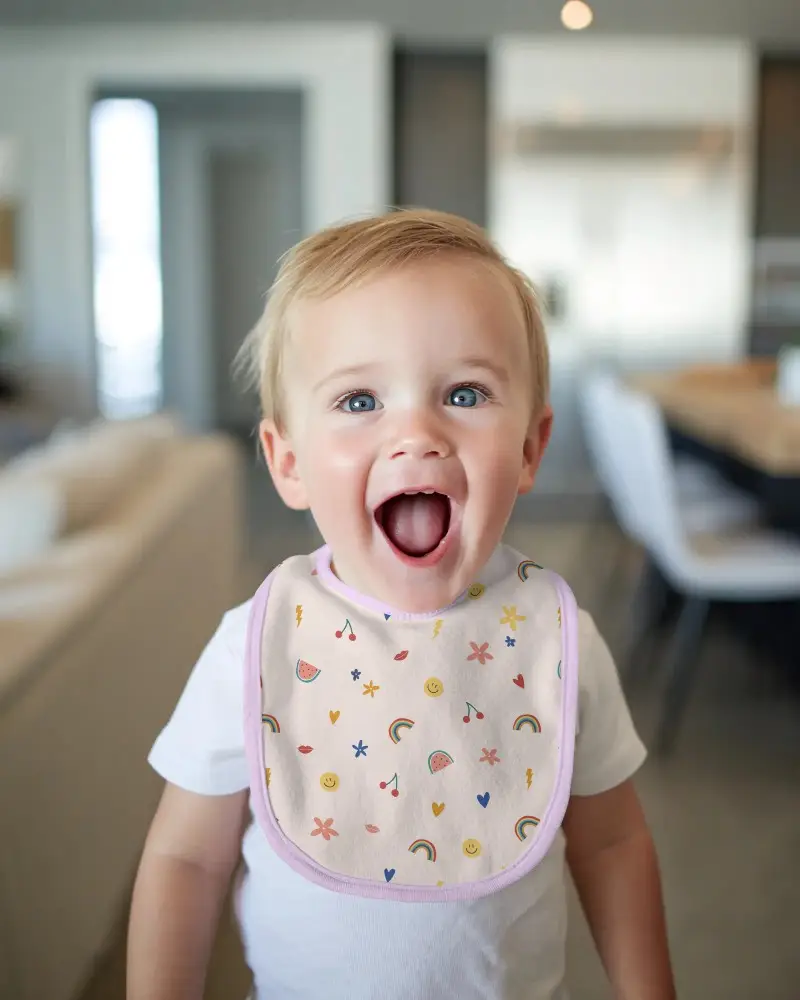 Adorable Baby Wearing Soft Bib Mockup In Modern Living Room Perfect For Baby Feeding Time