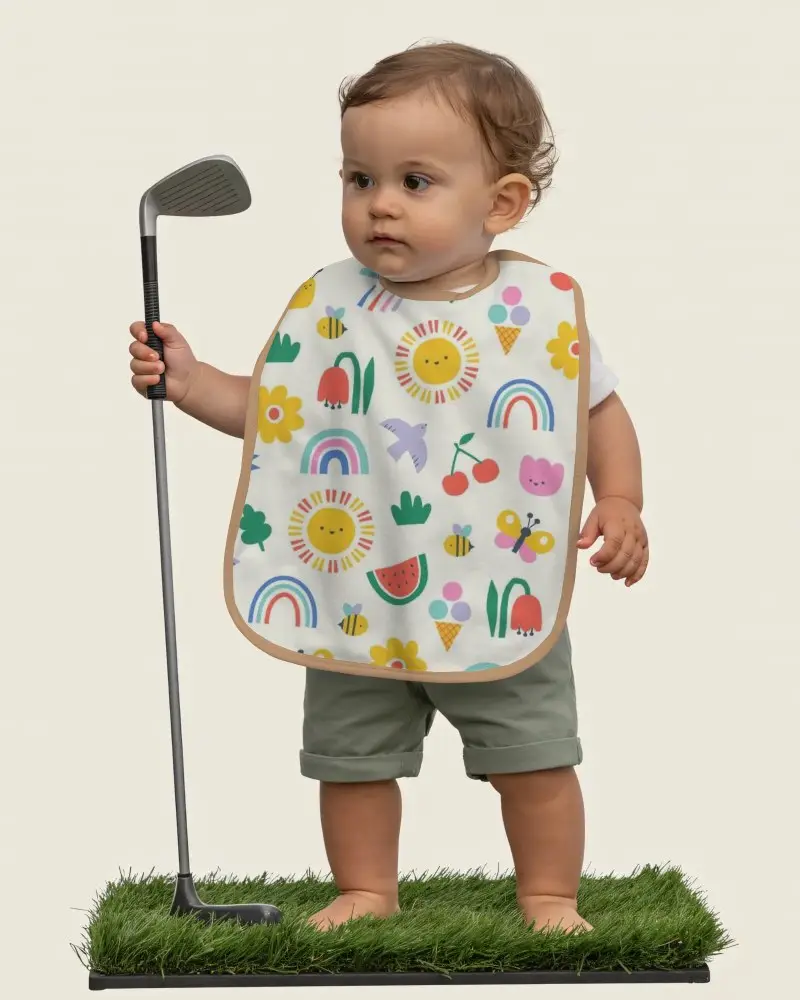 Plush Baby Bib Mockup For Custom Designs On Infant With Golf Club Prop