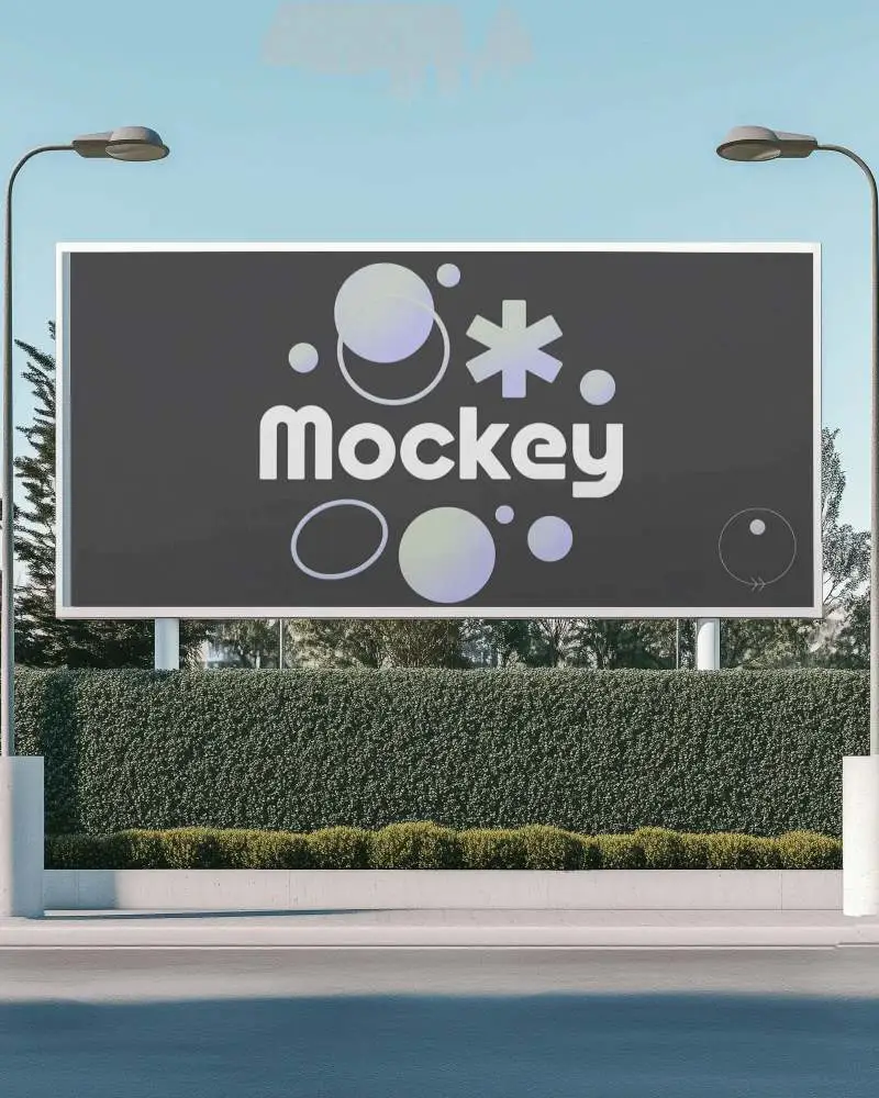 Outdoor Highway Banner Mockup In Front Of Greenery Wall With Clear Blue Sky And Even Lighting