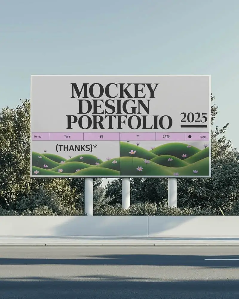 Sunlit Roadside Billboard Mockup On Triple Posts With Leafy Greenery And Blue Sky Background