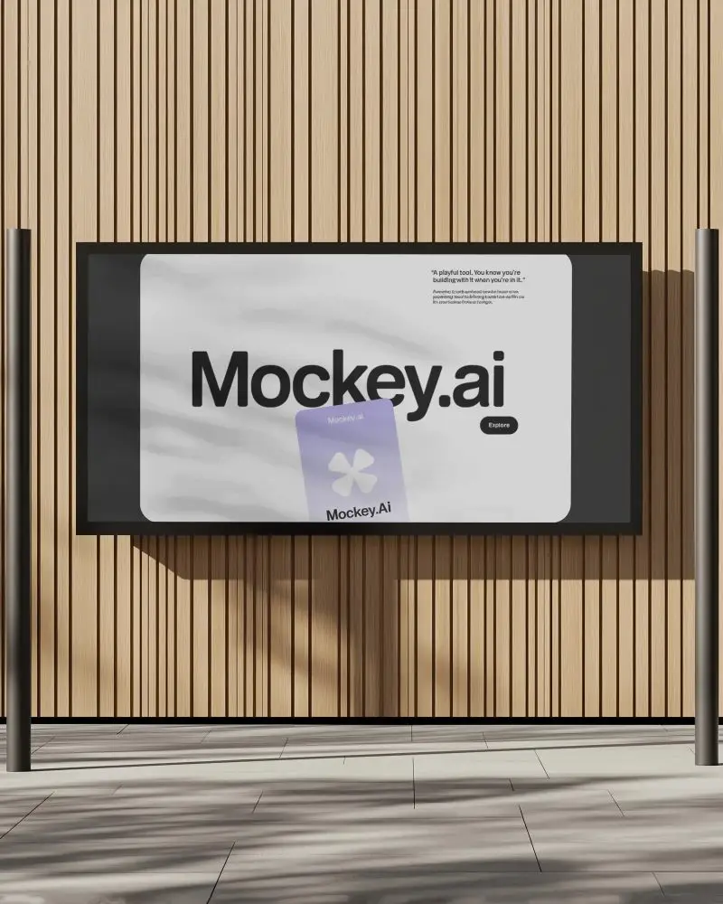 Architectural Billboard Mockup Mounted On Slatted Wood Wall With Even Light And Shadow Lines