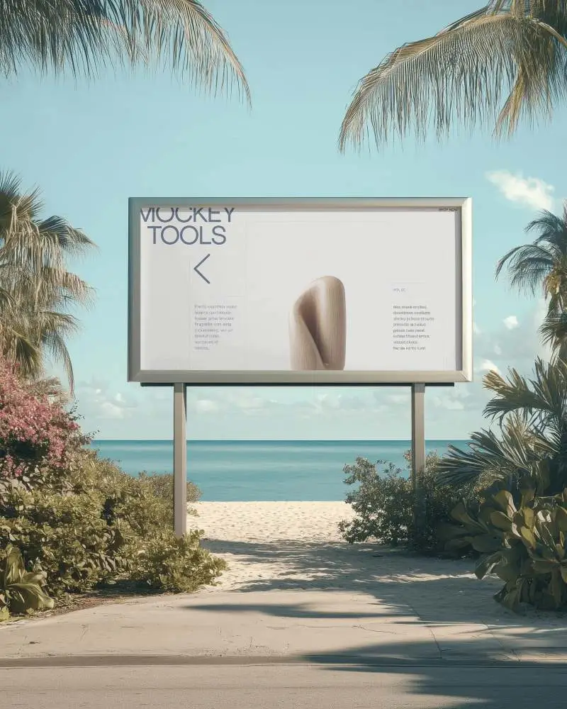 Tropical Beachside Billboard Mockup Facing Ocean With Palm Trees Sandy Path And Blue Sky