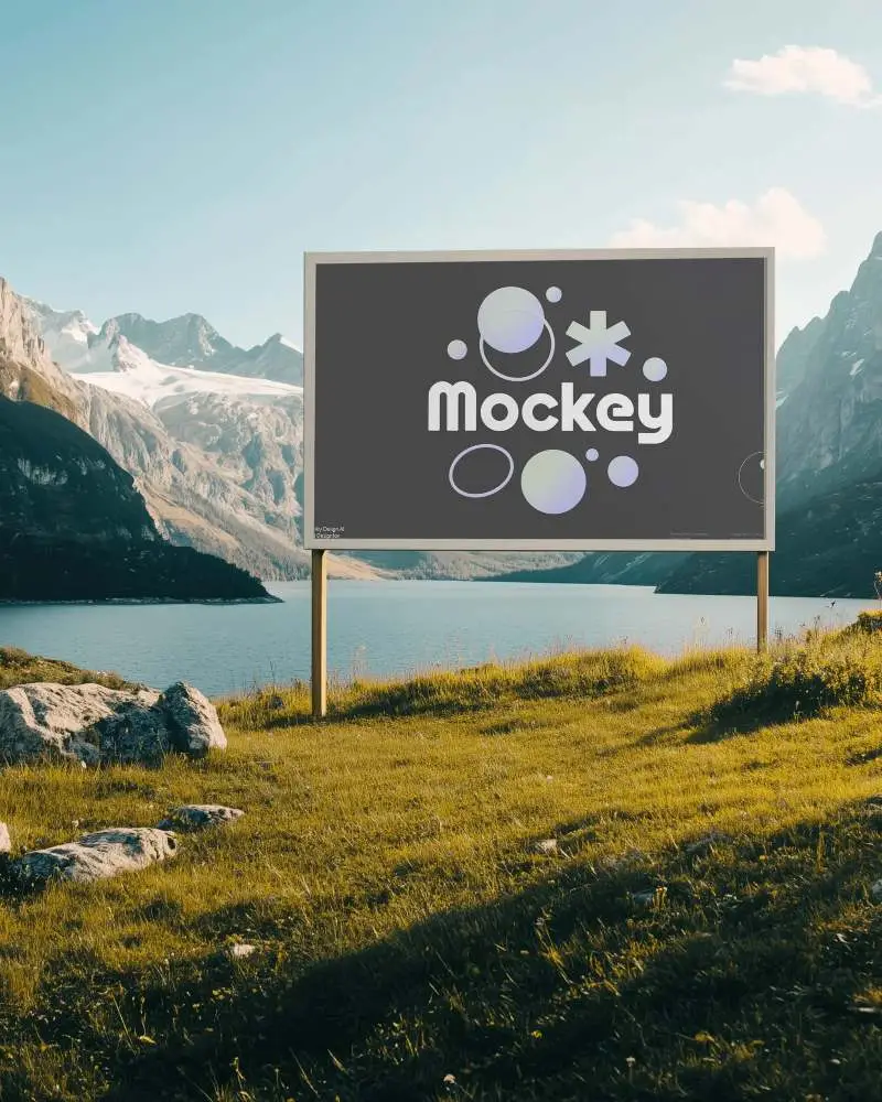 Alpine Lake Billboard Mockup In Grassy Valley With Mountain Range And Sunny Skyline Backdrop
