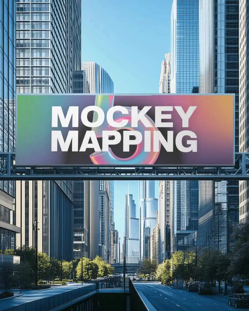 Urban Highrise Billboard Mockup In Daylight With Modern Skyscraper Background And Clear Blue Sky