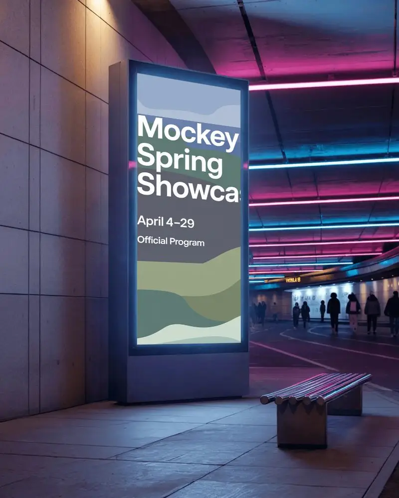 Neon Lit Underground Billboard Mockup With Glowing Purple Blue Lights And Empty Modern City Bench