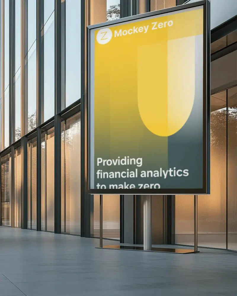 Standing Outdoor Billboard Mockup Next To Glass Facade With Evening Sunlight On Architectural Panels