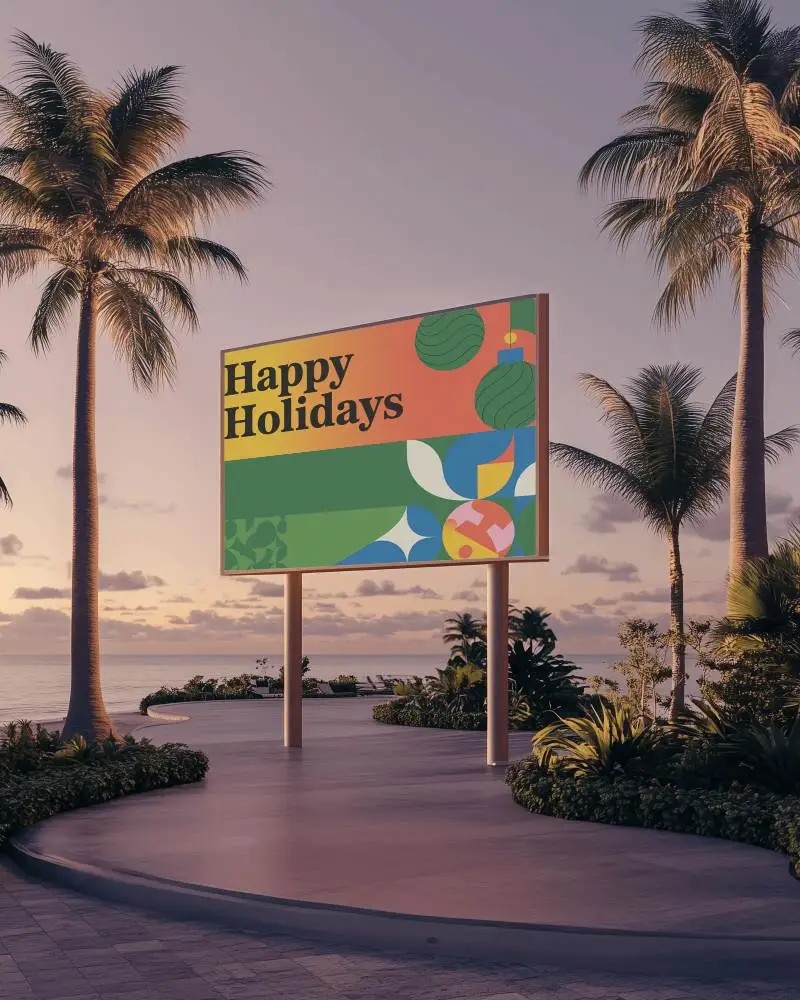 Beachside Billboard Mockup With Twilight Skies And Tall Palm Silhouettes In Tropical Setting