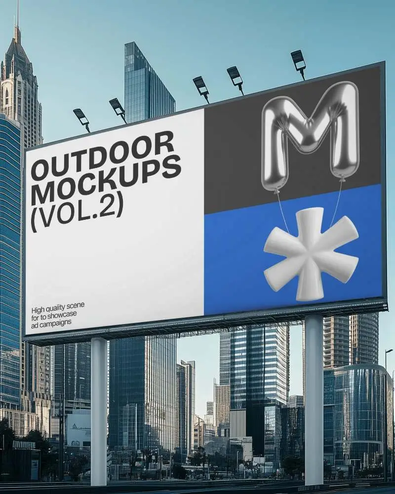 Large Urban Highway Billboard Mockup Against Modern Glass Skyscrapers In Daylight
