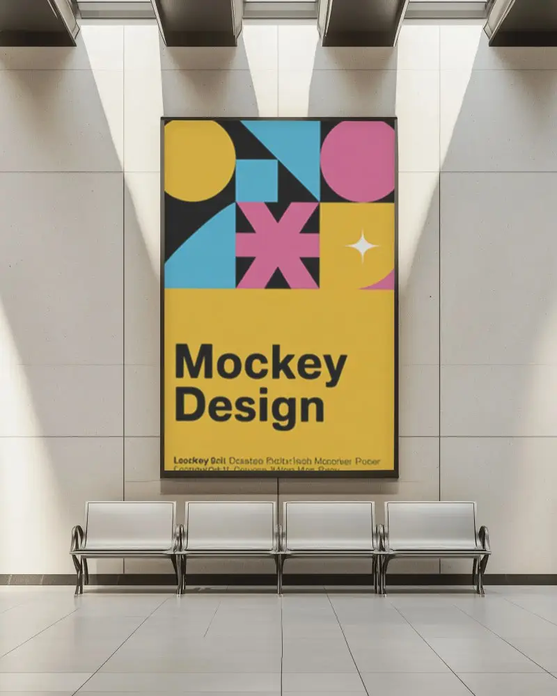 Sunlit Interior Billboard Mockup In Modern Transit Lounge With Metal Bench Seating And Tile Floor