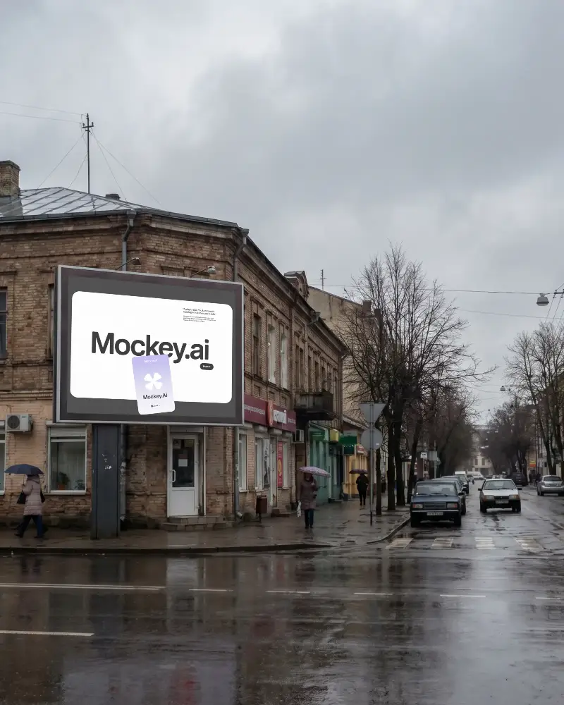 Blank Billboard In Urban Rainy Street Setting For High Visibility Advertisement Mockup