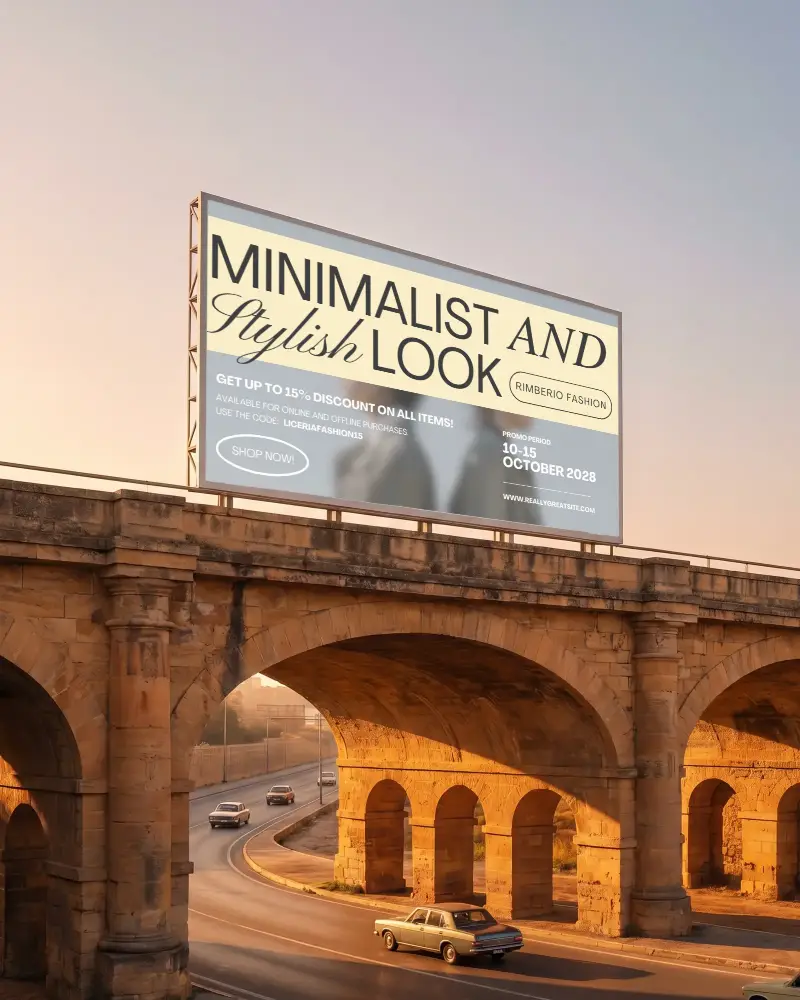 Blank Billboard Mockup On Historic Bridge Urban Road With Moving Vintage Cars