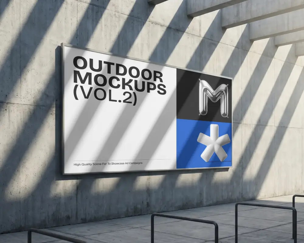Modern Outdoor Billboard Mockup With Concrete Wall And Shadow Pattern For Advertisement