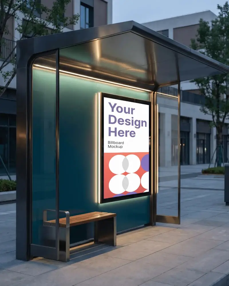 Modern Urban Bus Stop With Illuminated Large Vertical Billboard Mockup For Advertising Display