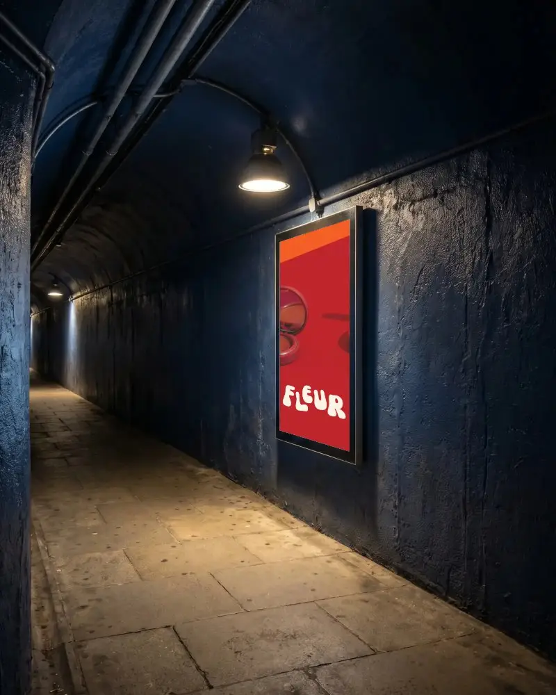 Illuminated Advertising Billboard Mockup In Dark Urban Pedestrian Tunnel For Marketing