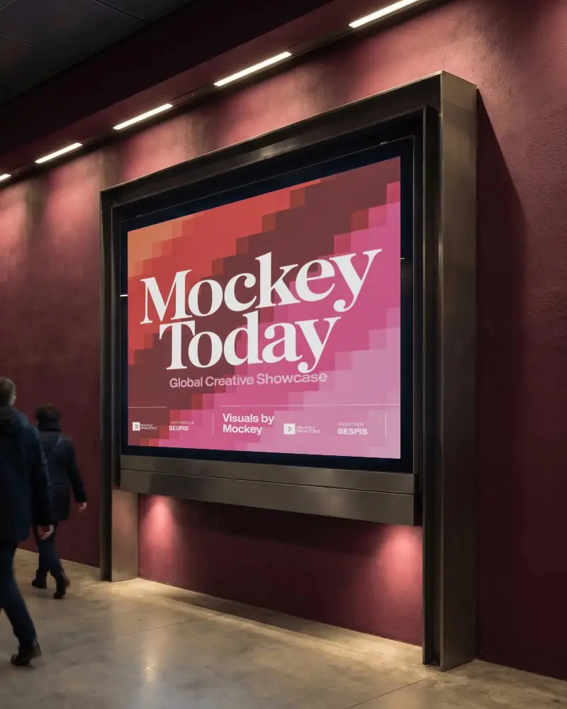 Urban Street Billboard Display Mockup With Pedestrians Walking Nearby Nighttime Scene