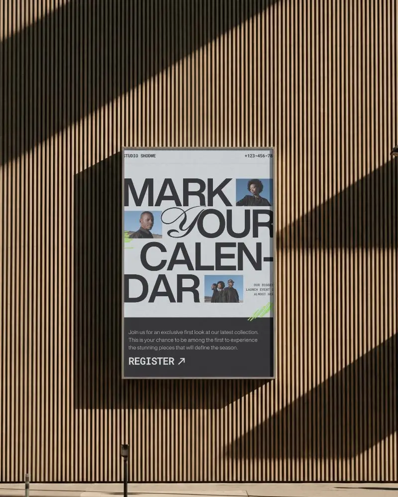 Modern Vertical Wood Slat Wall With Minimalist Large Blank Billboard Mockup Display