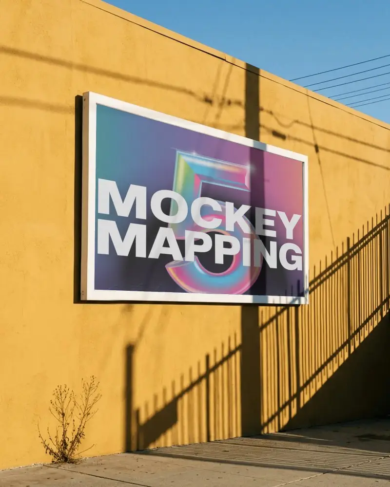 Large Rectangular Billboard Mockup Mounted On Cityside Building Wall With Shadows