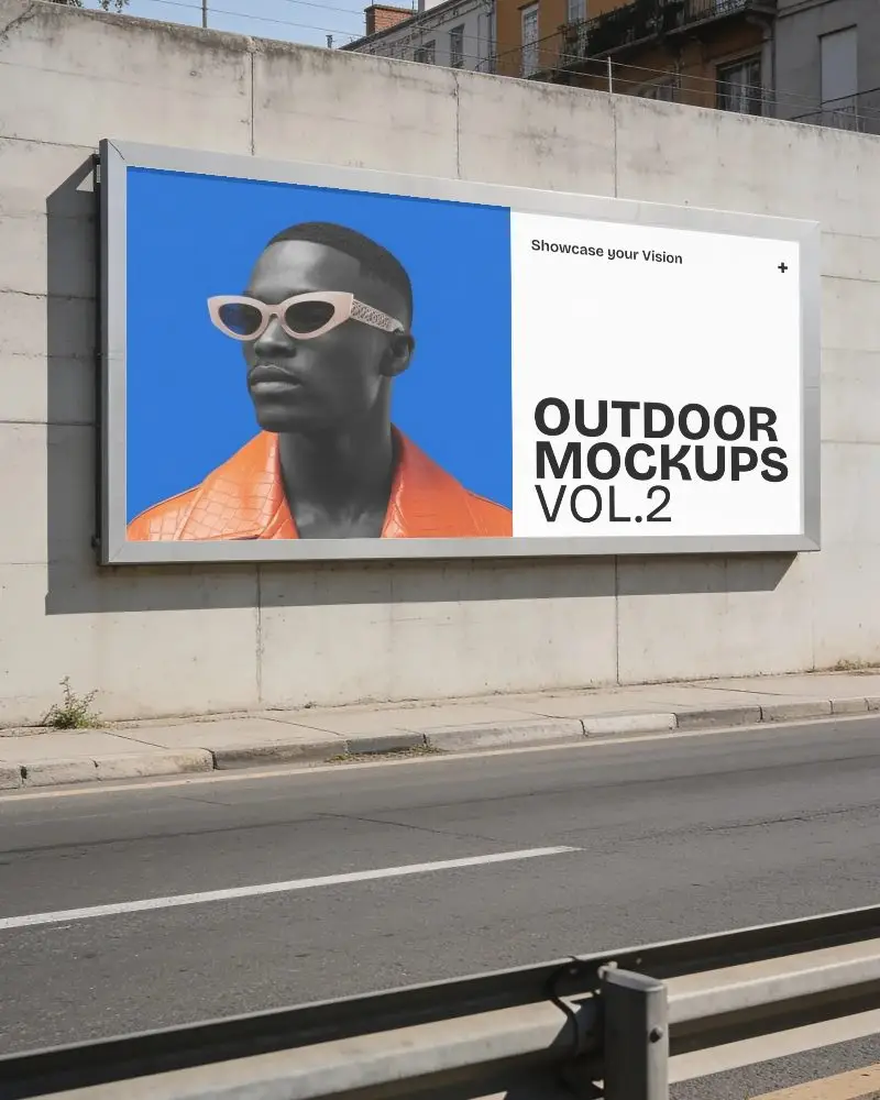 Empty Large Scale Billboard Mockup In Urban Setting Next To Pavement And Roadway