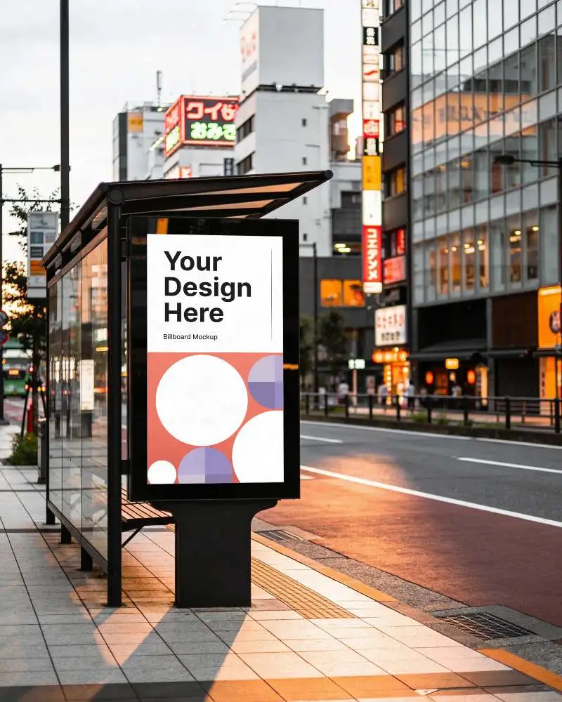 Urban Bus Stop Billboard Mockup For Advertisement In Cityscape Background